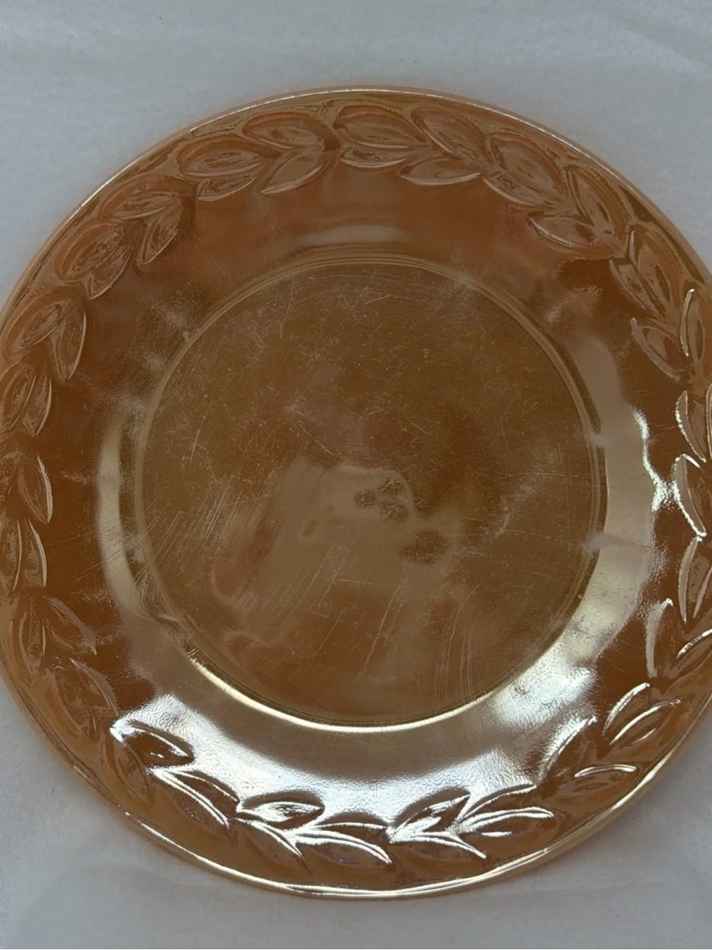 Vintage Fire King Peach Lustre Glass Plate with Leaf Motif